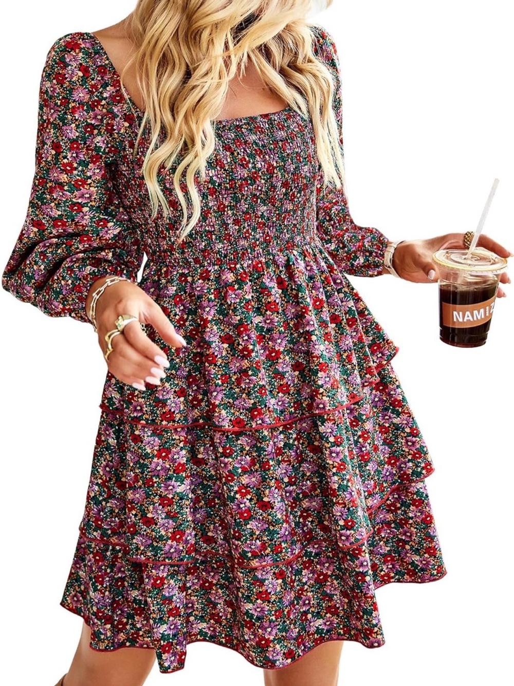 Floral Tiered Smocked Dress - Red Flower Print